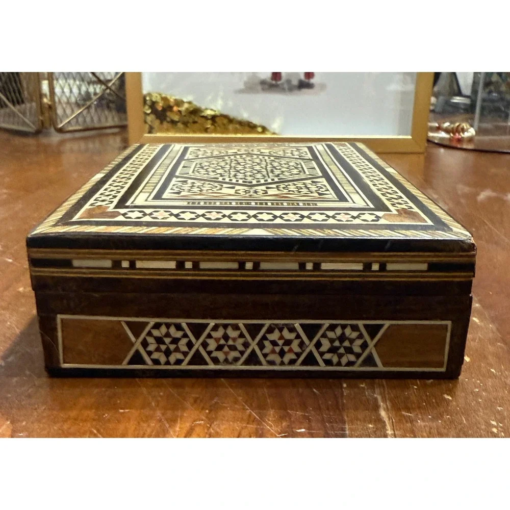 VTG Sadeli Mosaic Wood Inlay Jewelry Box Middle Eastern Marquetry Trinket